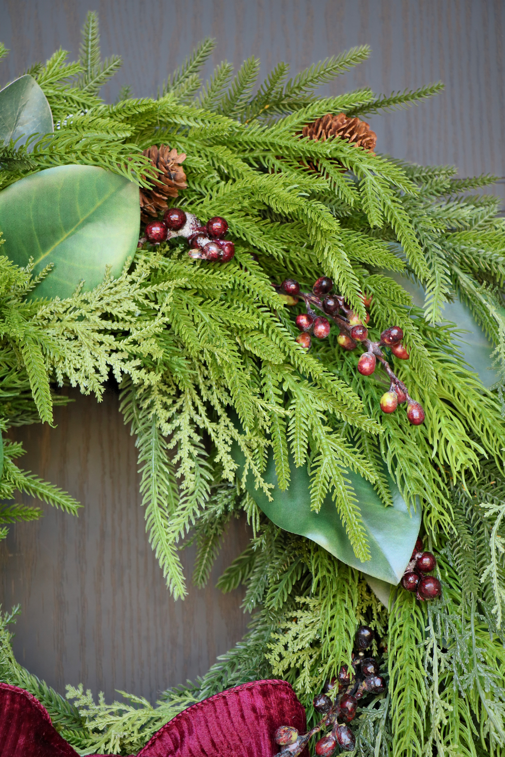 Burgundy Elegance  | Magnolia & Evergreen Holiday Wreath