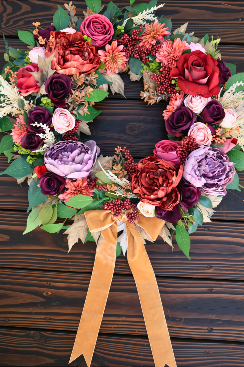 Bordeaux & Blush Burgundy Fall Luxury Front Door Wreath | 25-Inch