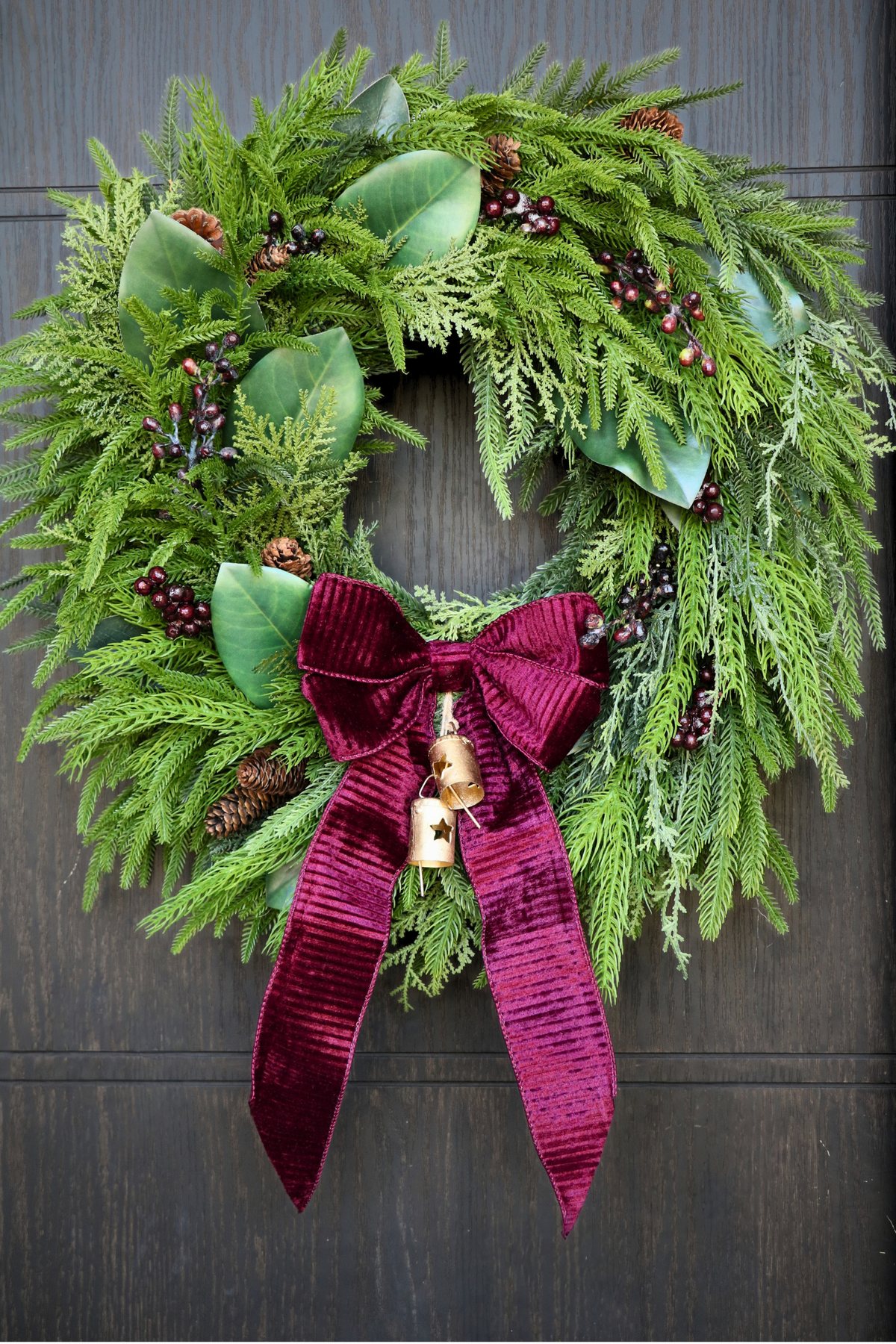 Burgundy Elegance  | Magnolia & Evergreen Holiday Wreath