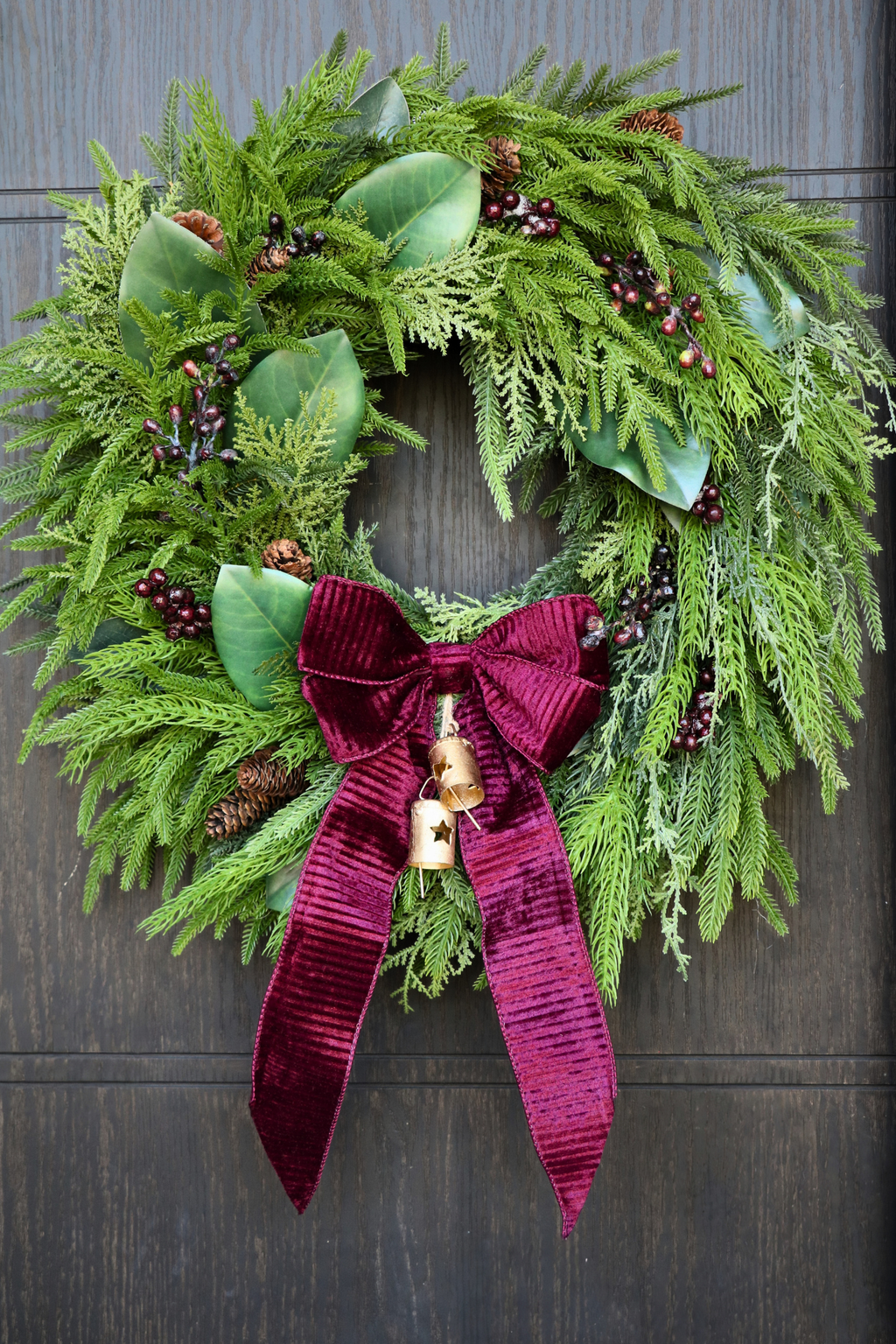 Burgundy Elegance  | Magnolia & Evergreen Holiday Wreath