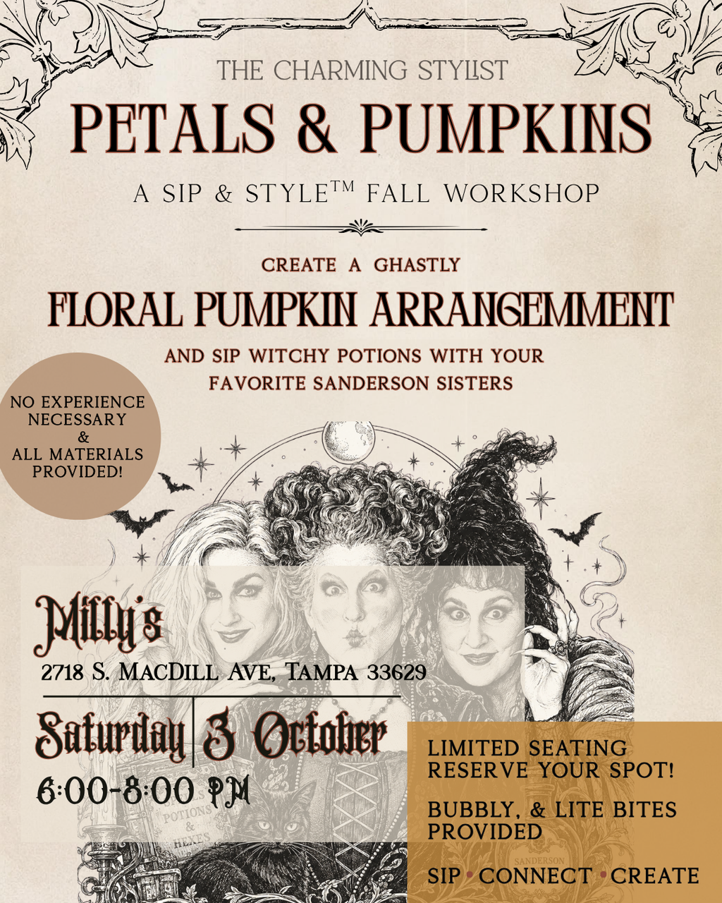 Sip & Style™ | Hocus Pocus Inspired Pumpkins & Petals Floral Design Class — Saturday October 3, 2026