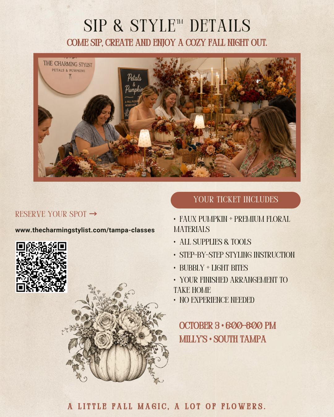 Sip & Style™ | Hocus Pocus Inspired Pumpkins & Petals Floral Design Class — Saturday October 3, 2026