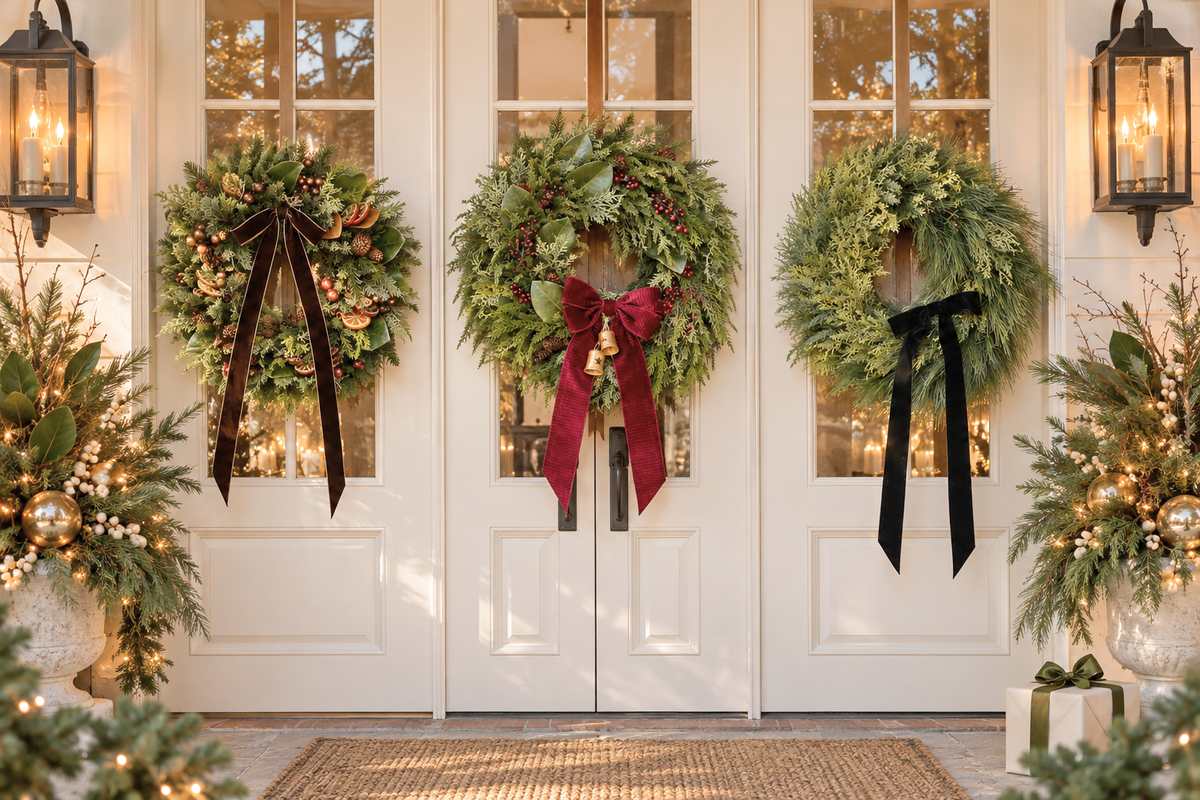 Three holiday wreaths with citrus, burgundy velvet and cypress pine displayed on a white entryway with glowing lanterns and festive greenery.