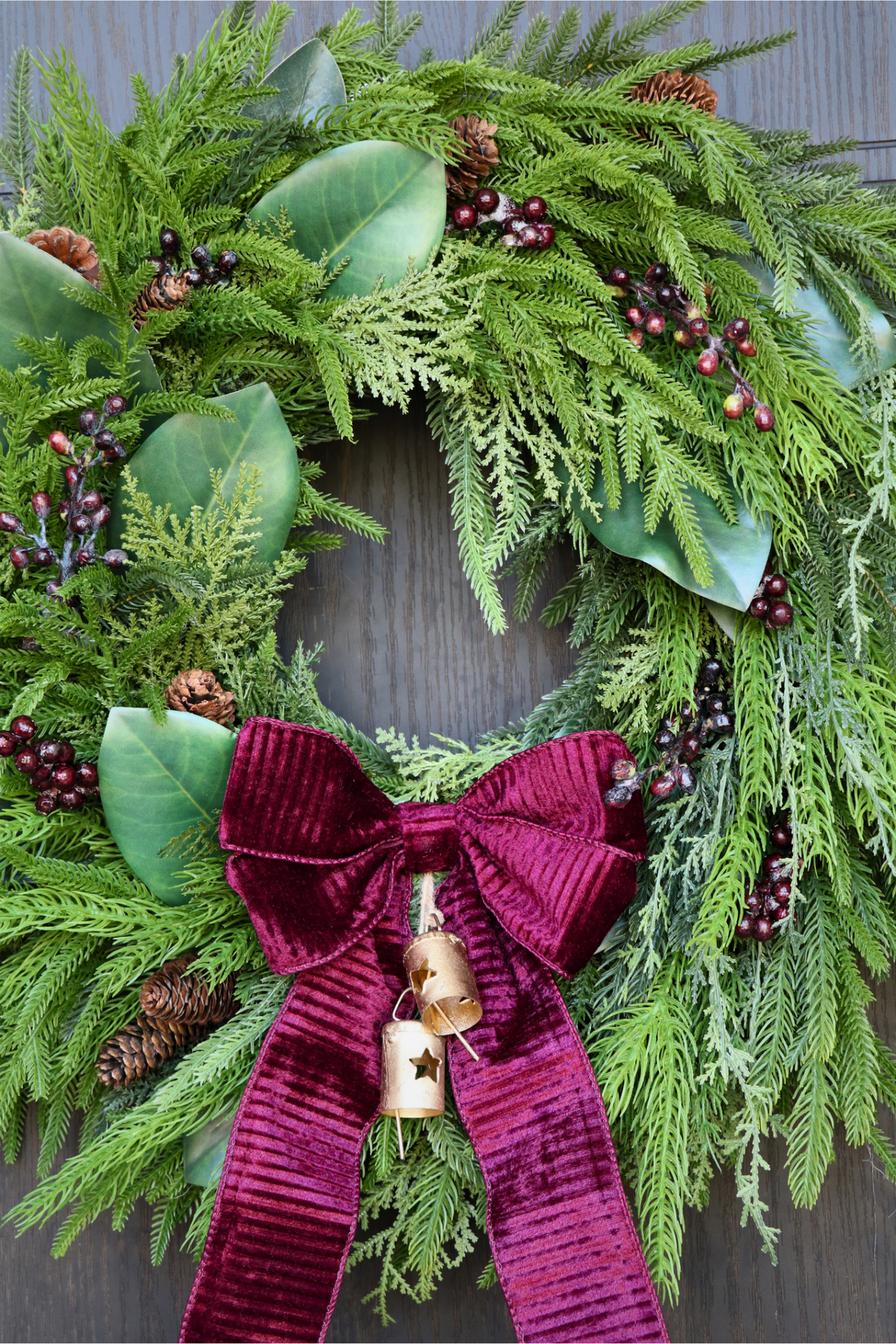 Burgundy Elegance  | Magnolia & Evergreen Holiday Wreath