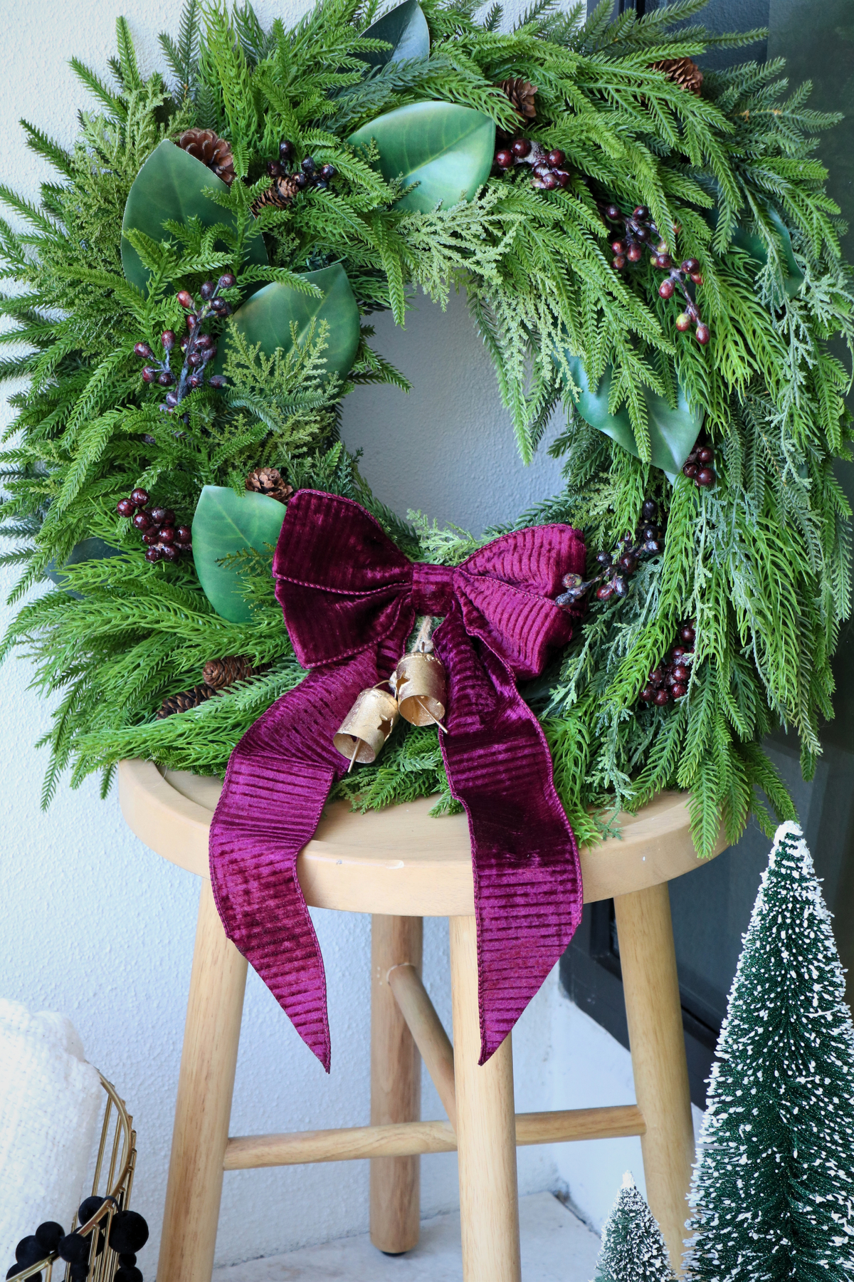 Burgundy Elegance  | Magnolia & Evergreen Holiday Wreath