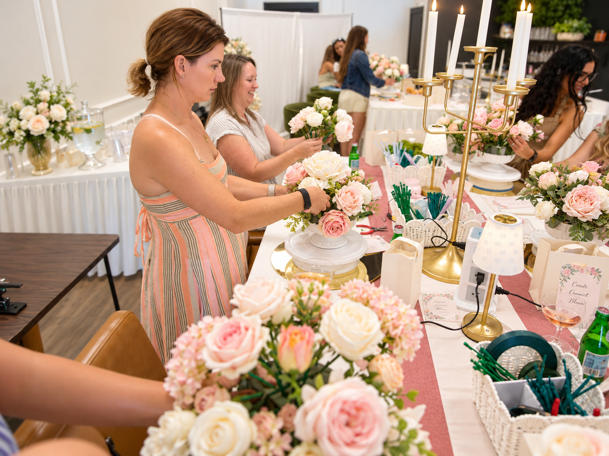 Guests creating blush and ivory floral arrangements at a styled workshop table.