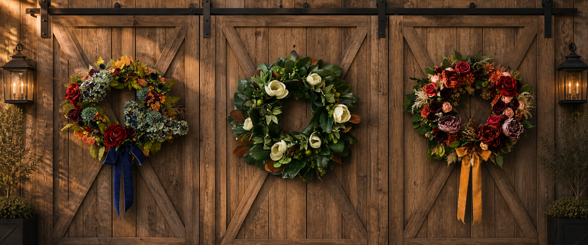 Three luxury autumn faux floral wreaths displayed on rustic wooden barn doors.