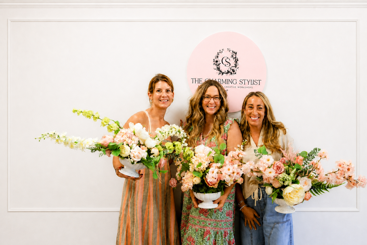 Guests creating faux floral arrangements at a Sip & Style workshop in Tampa